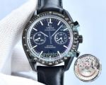 Swiss Replica Omega Speedmaster Watch D-Blue Dial Black Bezel Black Leather Strap